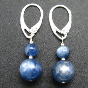 Exotic Blue Kyanite Crystal (also known as cyanite or disthene) Round Beads Dangle 925 Silver Leverback Earrings | Natural genuine Gemstone earrings. Buy crystal jewelry, handmade handcrafted artisan jewelry for women.  Unique handmade gift ideas. #jewelry #beadedearrings #beadedjewelry #gift #shopping #handmadejewelry #fashion #style #product #earrings #affiliate #ad