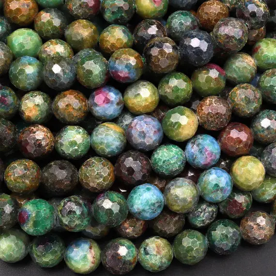 Faceted Natural Ruby In Green Fuchsite Blue Kyanite 4mm 5mm 6mm 8mm 10mm Round Beads Gemstone 15.5" Strand