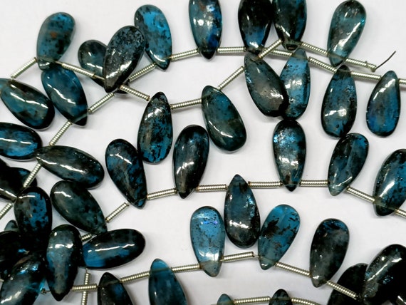 6 Pcs, Natural Teal Moss Kyanite Smooth Pear Shape Briolettes,size.14-15mm