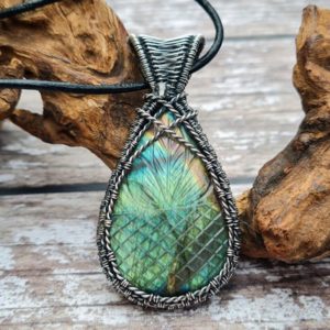 Shop Labradorite Pendants! Carved Labradorite Pendant, Wire Wrapped Necklace, Nature Inspired | Natural genuine Labradorite pendants. Buy crystal jewelry, handmade handcrafted artisan jewelry for women.  Unique handmade gift ideas. #jewelry #beadedpendants #beadedjewelry #gift #shopping #handmadejewelry #fashion #style #product #pendants #affiliate #ad