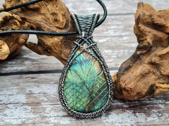 Carved Labradorite Pendant, Wire Wrapped Necklace, Nature Inspired