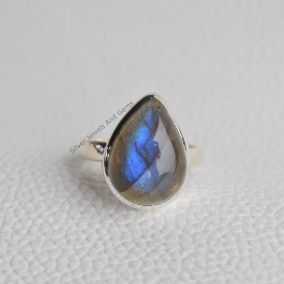 Natural Labradorite Ring-blue Fire Labradorite Ring-handmade Silver Ring-925 Sterling Silver Ring-teardrop Labradorite Ring-promise Ring