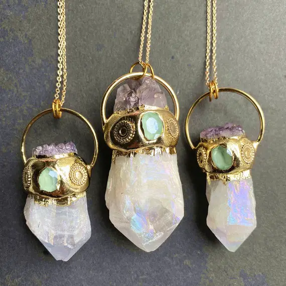 Large Ring Angel Aura Crystal Quartz Point Pendant With Electroplated Gold, Druzy Druzzy Drusy Quartz Points Pendant Necklace Jewelry