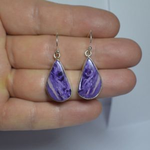 Shop Charoite Earrings! Large Silver Charoite Drop Earrings, Teardrop Charoite Earrings, Handmade Jewellery, Unique Charoite Drops, Mothers Day Gifts | Natural genuine Charoite earrings. Buy crystal jewelry, handmade handcrafted artisan jewelry for women.  Unique handmade gift ideas. #jewelry #beadedearrings #beadedjewelry #gift #shopping #handmadejewelry #fashion #style #product #earrings #affiliate #ad