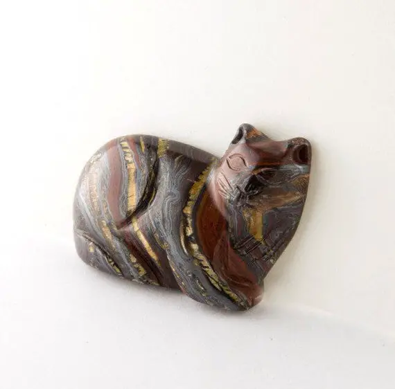 Large Tiger Iron Cat Cabochon, Striped Tabby Cat Cabochon, Tiger Eye And Tiger Iron Banded Tabby Cat, Antique Gemstone Cat Carving, 41mm