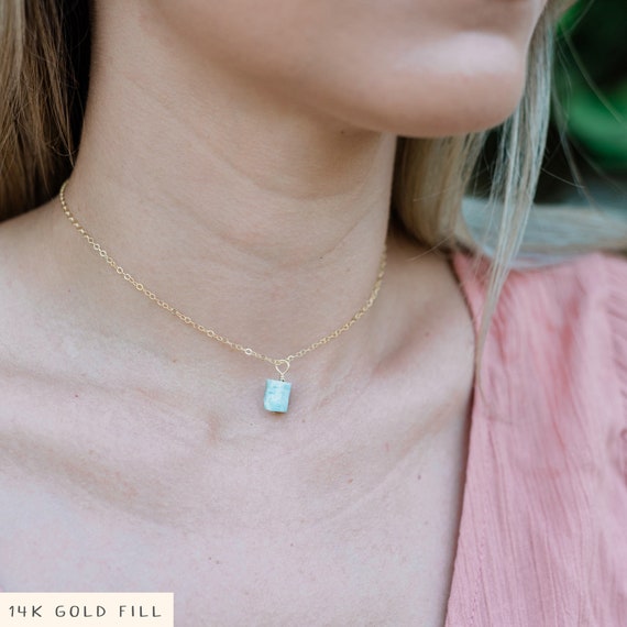 Tiny Raw Light Blue Larimar Gemstone Pendant Choker Necklace In Gold, Silver, Bronze Or Rose Gold. Handmade To Order