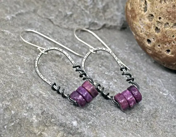 Lepidolite Earrings Sterling Silver, Magenta Gemstone Dangles, Rustic Wire Jewelry, Natural Fuchsia Stone, Bright Purple Pink