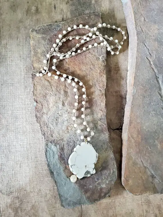 Long Pendant Necklace Off White Organic Stone Pendant Beaded Crochet Necklace Natural Magnesite Beads And Natural Pearl  Boho Gift For Her
