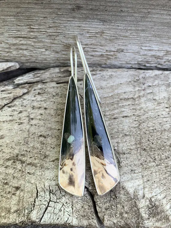 Lovely Free Form Petrified Palm Wood Sterling Silver Earrings | Statement Earrings | Long Dangle Earrings | Silver Statement Earrings |