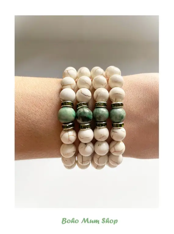 Magnesite Bracelet With Green Nephrite Jade, Natural Magnesite Gemstone, African Nephrite, Women Handmade Bracelet, Crystal Healing Bracelet