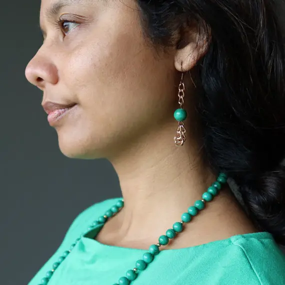 Malachite Chain Earrings Copper Green Gemstone Designer Dangle