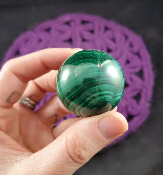 Malachite Sphere Crystal Ball 37mm Stones Carved Polished Striped Green Congo Africa Carving With Wood Stand Included