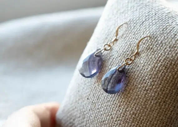 Minimalist Purple Fluorite Earrings, Gold Filled Dangle Earrings, Natural Gemstone Earrings, Sterling Silver, Healing Stone Earrings