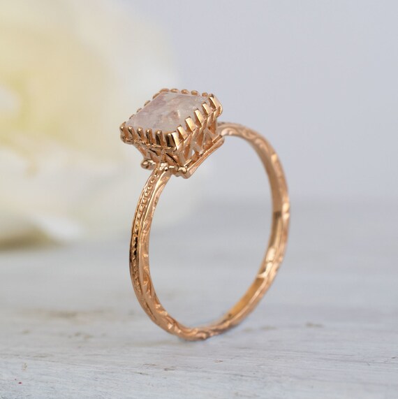 Moonstone Ring, 14k Rose Gold Ring, Natural Birthstone, Square Gemstone Ring, Solitaire Moonstone Ring, Rose Gold Ring, Unique Gift
