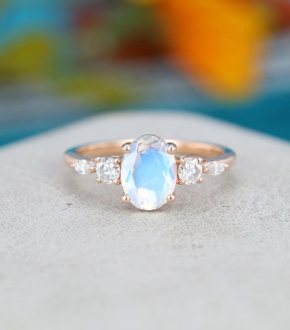 Oval Cut Moonstone Engagement Ring Rose Gold Unique Engagement Ring Vintage Simple Marquise Moissanite Wedding Bridal Promise Gift For Women
