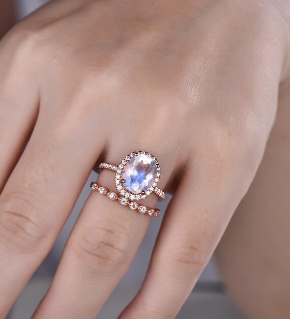 Oval Moonstone Engagement Ring, Rose Gold Moonstone Bridal Set, Moonstone Stacking Band, Moonstone Ring, Promise Ring, Statement Ring