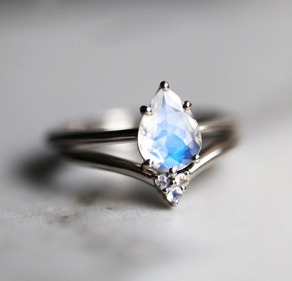 Pear Moonstone Ring • Minimalist Bridal Set • Solid Gold • Birthstone Ring • Christmas Gift