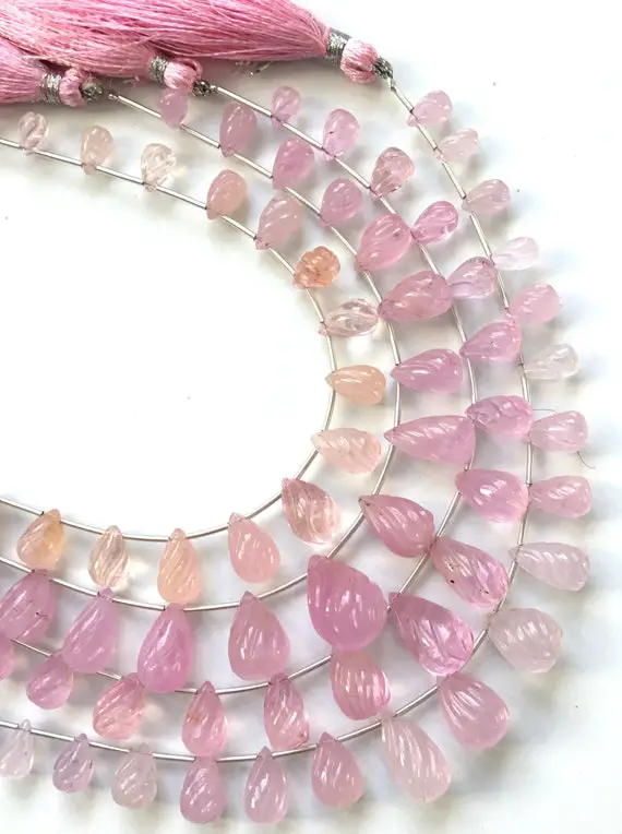 8 Inches Morganite Carved Drops 4 Strands Natural Gemstone Beads