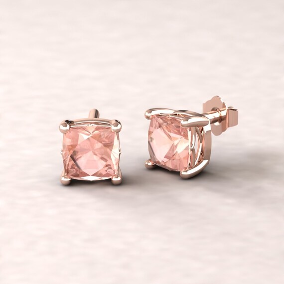One Carat Morganite Studs, Square Cushion Solitaire Pushback Earrings, Lifetime Care Plan Included, Genuine Gems And Diamonds Ls5459