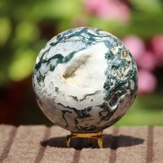 Large 100mm Green Moss Agate Stone Healing Power Natural Druzy Display Polished Sphere Ball