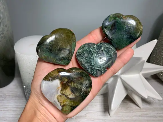Large Moss Agate Heart, Moss Agate Puffy Heart, Green And White Agate Heart