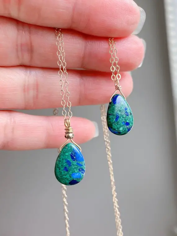 Natural Azurite Necklace, Gold Filled Necklace, Teardrop Azurite Necklace, Healing Gemstones, Azurite Malachite Pendant, Woman Necklace Gift