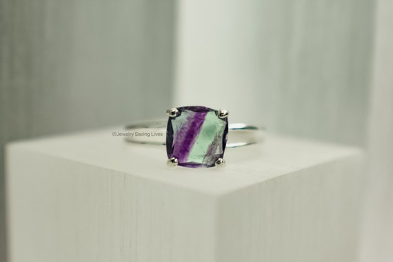 Natural Green And Purple Fluorite Ring, Solitaire Stacking Genuine Green And Purple Fluorite, Unique Natural Fluorite, Rainbow Fluorite