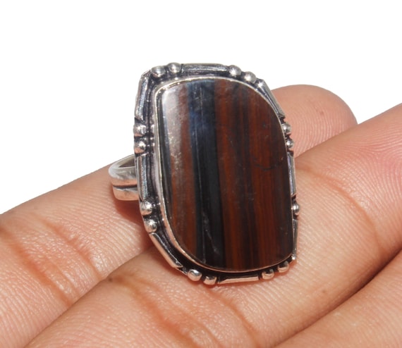 Natural Iron Tiger Eye Gemstone Ring, Ethnic Handmade Antique Ring, Designer Ring, 925 Sterling Silver Plated Jewelry Size 7 (mk-49-96)
