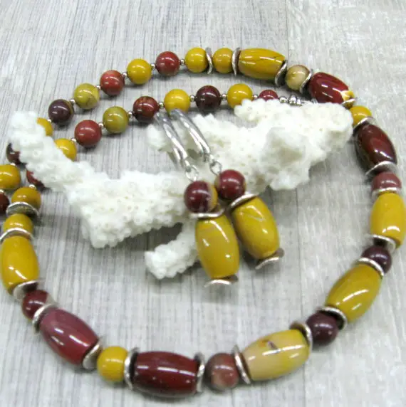 Natural Mookaite Jasper Necklace Beads Strand And Earrings Brown Red Yellow Earthy Gemstone Jewelry Set Gift For Mother Teacher