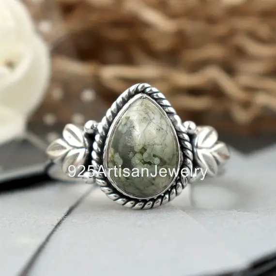 Natural Rainforest Jasper Sterling Silver, Rainforest Ring, Prong Ring,925 Silver Ring, Pear Gemstone Ring, Women Ring, Handmade Ring