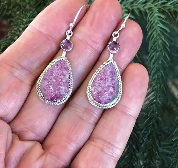 Natural Ruby Zoisite Earrings - Tourmaline Round Accents - 925 Sterling Silver - Dangle Earrings - Oval, Natural Gemstone Earrings
