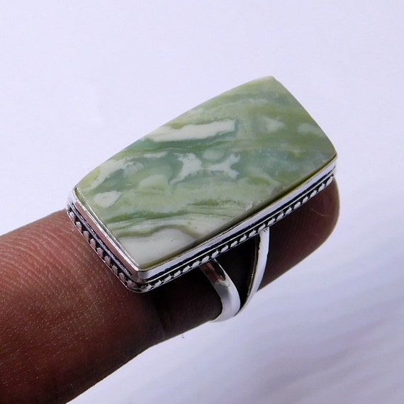 Natural Serpentine Ring, 925 Sterling Silver Ring, Rectangle Ring, Green Gemstone Ring, Gemstone Stone Ring, Green Stone Jewelry