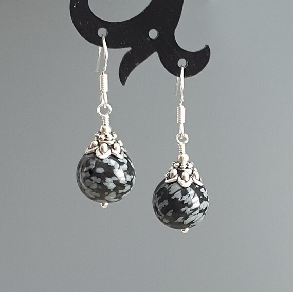Natural Snowflake Obsidian Earrings Gray Round Earrings Grey Black Dots Earrings 925 Sterling Silver Hook Tibetan Silver Grey Earrings
