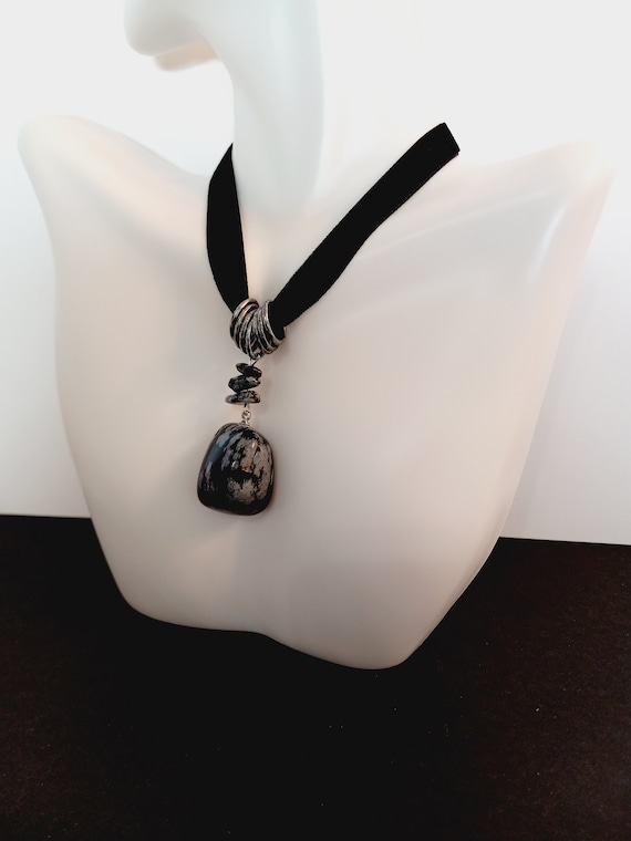 Snowflake Obsidian Stainless Steel Ball Necklace, Black