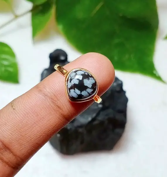 Natural Snowflake Obsidian Ring - 10x10mm Heart Shape Ring - 925 Sterling Silver Ring  18 Gold Plated Ring - Statement Ring Gift For Women