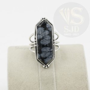 Shop Snowflake Obsidian Rings! Natural Snowflake Obsidian Ring, 925 Sterling Silver, Obsidian Ring, 10×30 mm Long Hexagon Ring, Silver Ring, Womens Ring, Triple Band Ring | Natural genuine Snowflake Obsidian rings, simple unique handcrafted gemstone rings. #rings #jewelry #shopping #gift #handmade #fashion #style #affiliate #ad