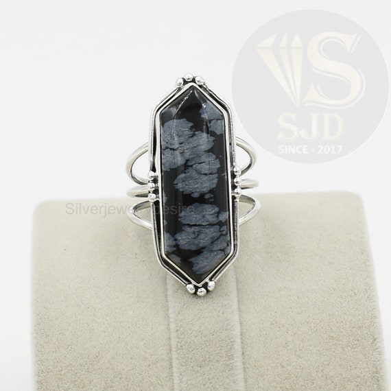 Natural Snowflake Obsidian Ring, 925 Sterling Silver, Obsidian Ring, 10x30 Mm Long Hexagon Ring, Silver Ring, Womens Ring, Triple Band Ring
