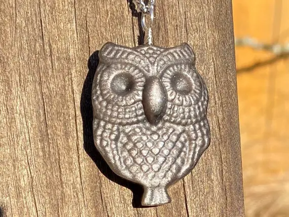 Unisex Silver-sheen Obsidian Carved Owl Healing Stone Necklace With Positive Energy!