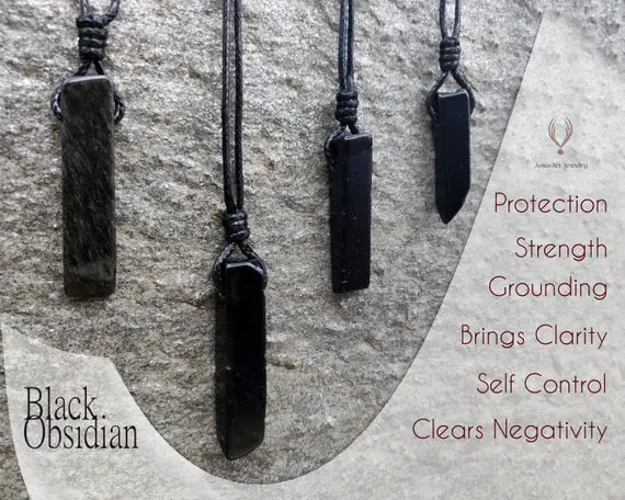 Black Obsidian Necklace, Men's Jewelry, Protection Amulet, Black Gem Pendant, Spiritual Gift For Boyfriend