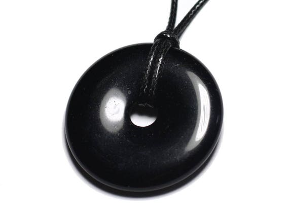 Collier Pendentif Pierre - Obsidienne Noire Rond Cercle Donut Pi 40mm