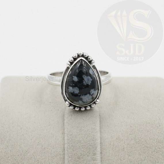 Obsidian Ring, 925 Sterling Silver, Gemstone Ring, 10x14 Mm Pear Gemstone Ring, Silver Ring, Snowflake Obsidian Ring, Boho Ring, Womens Ring