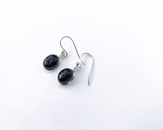 Sterling Silver Black Onyx Dangle Earrings, Oval Shape Black Earrings, Dainty Earrings, Natural Black Onyx, Small Black Earrings, For Her
