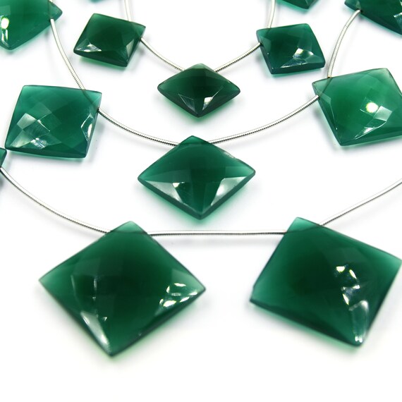 Green Onyx Beads | Hand Cut Indian Gemstone | Cushion Cut Diamond Shaped Beads | High Quality Green Onyx | Loose Gemstone Bead | Three Sizes
