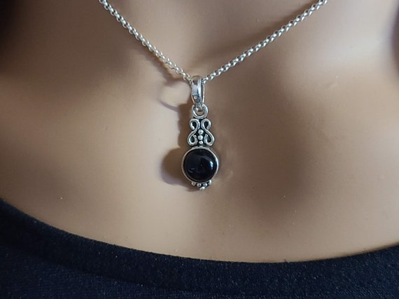 Black Onyx Pendant, Round Gemstone, Set In Sterling Silver 92.5, Silver Chain Option
