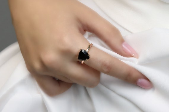 Pink Rose Gold Black Onyx Ring · Trillion Cut Black Ring · Semiprecious Ring For Women · Stack Ring Rose Gold · Anniversary Gift Ring