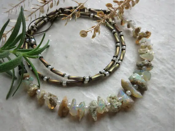 Rough Opal Necklace, Rustic October Birthstone Jewelry With Raw White Ethiopian Opal Chips, Bohemian Bead Necklace