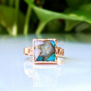 Natural Pink Opal Copper Turquoise ring, Natural Turquoise ring, Square Turquoise ring, Turquoise Boho ring, Women gold ring, Statement ring | Natural genuine Gemstone rings, simple unique handcrafted gemstone rings. #rings #jewelry #shopping #gift #handmade #fashion #style #affiliate #ad