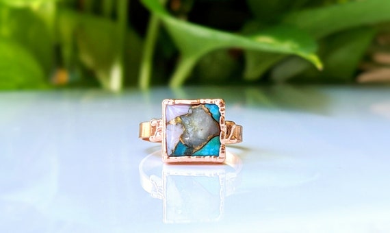 Natural Pink Opal Copper Turquoise Ring, Natural Turquoise Ring, Square Turquoise Ring, Turquoise Boho Ring, Women Gold Ring, Statement Ring