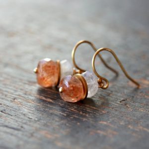 Oregon Sunstone Earrings, Gemstone Stack Earrings, White Moonstone, Unique Earrings, 14k Gold Filled Earrings |  #affiliate
