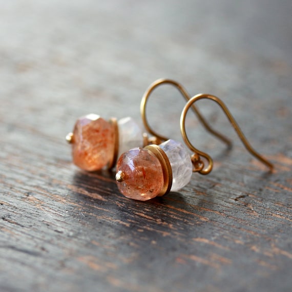 Oregon Sunstone Earrings, Gemstone Stack Earrings, White Moonstone, Unique Earrings, 14k Gold Filled Earrings